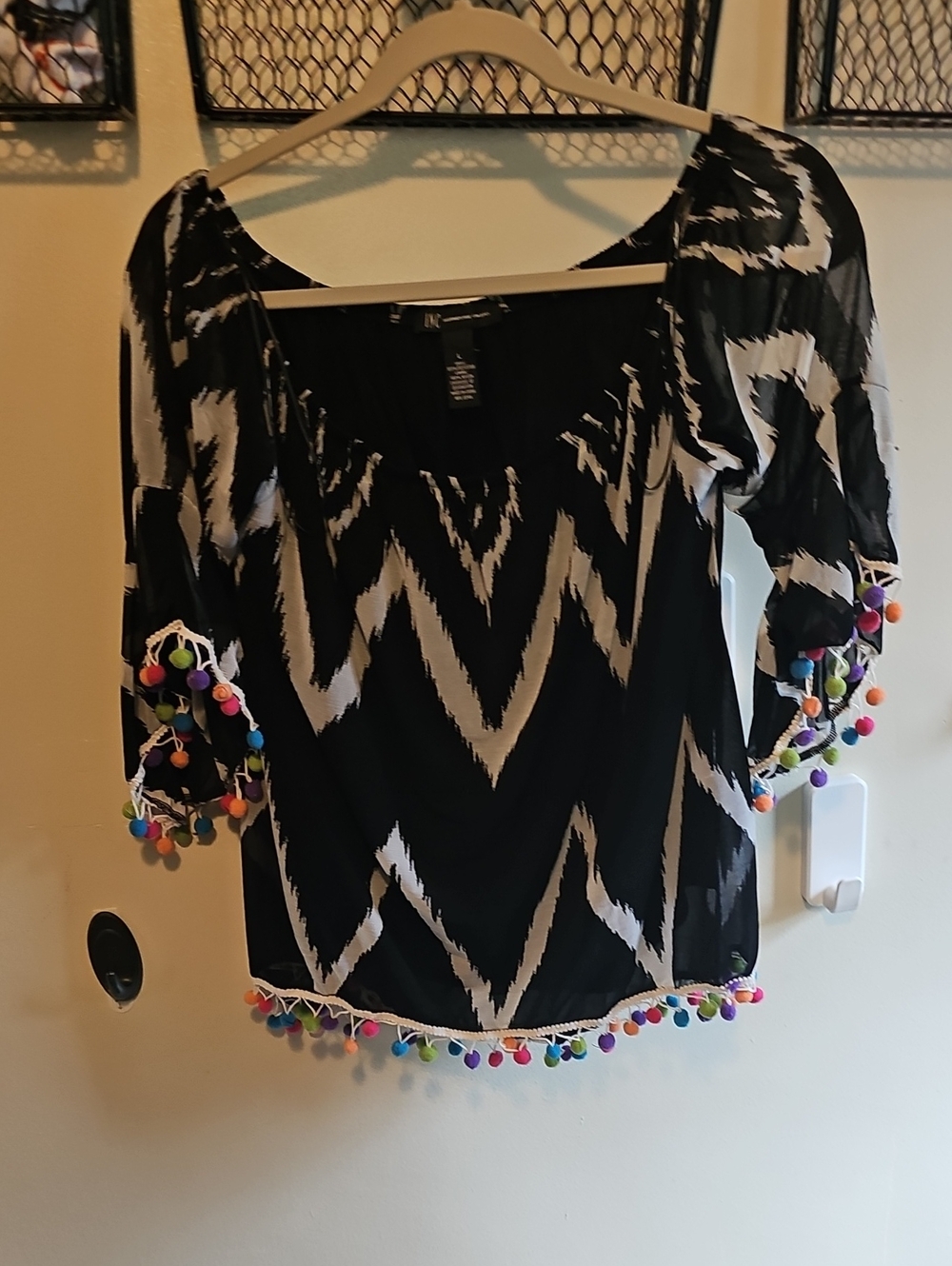 INC International Concepts Black & White Pom-Pom Trim Peasant Top